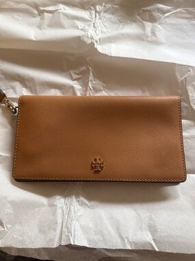 Tory Burch Tan Saffiano Leather Wristlet with Gold Logo